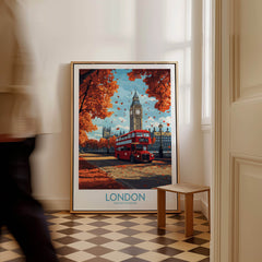 London Travel Poster featuring Big Ben and a red double-decker bus, perfect for home decor.