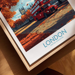 London Travel Poster featuring a red double-decker bus and iconic landmarks in autumn colors.