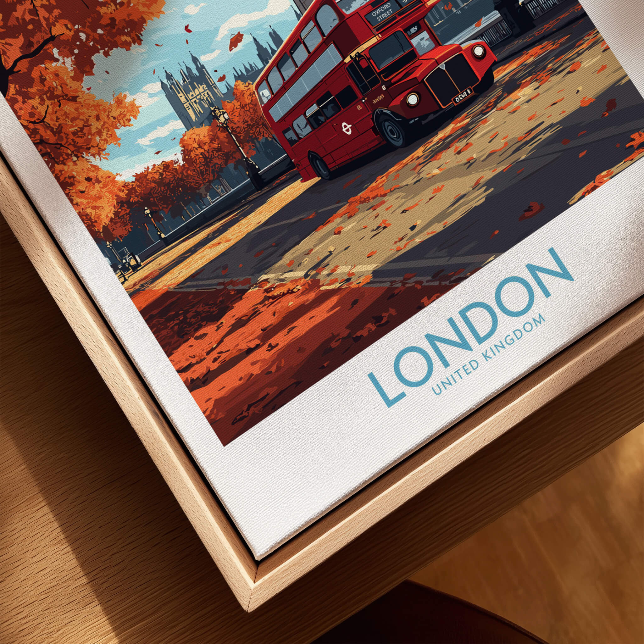 London Travel Poster featuring a red double-decker bus and iconic landmarks in autumn colors.