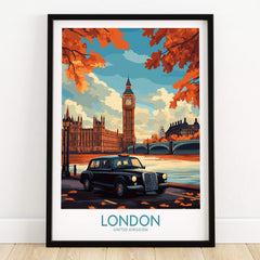 London Wall Art Print featuring Big Ben and a classic Hackney Carriage taxi in autumn colors.
