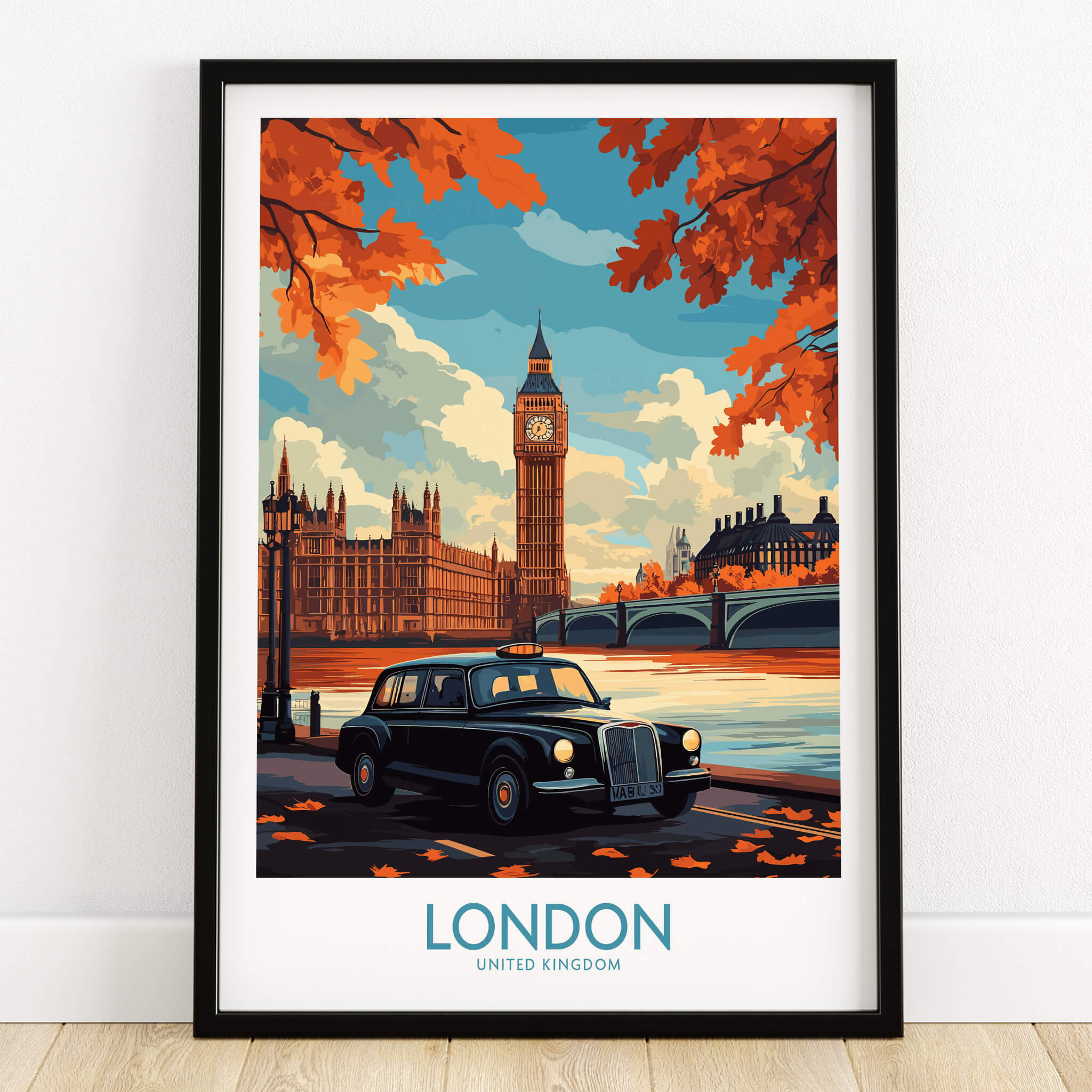 London Wall Art Print featuring Big Ben and a classic Hackney Carriage taxi in autumn colors.