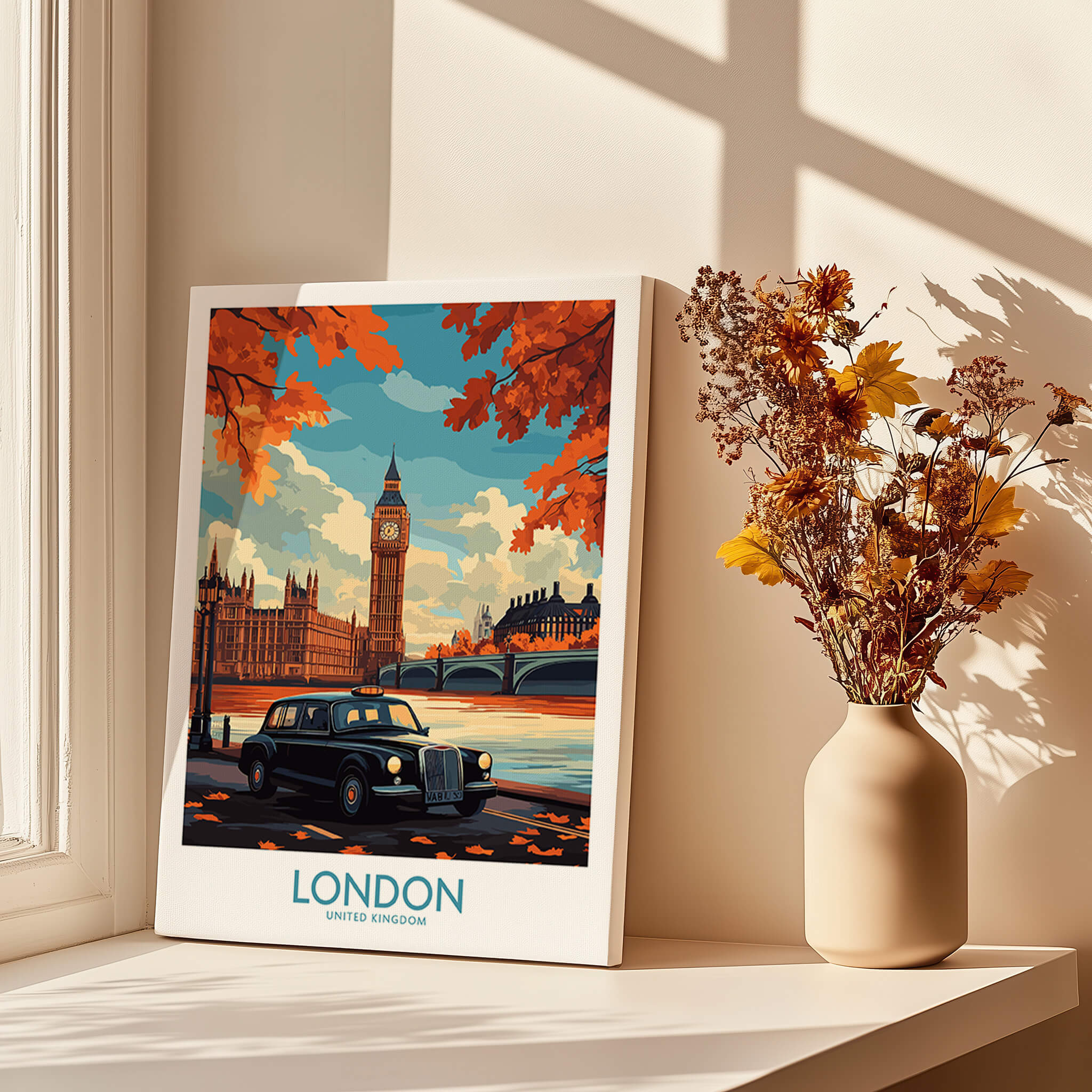 London Wall Art Print featuring Big Ben and a classic Hackney Carriage taxi in an autumn setting.