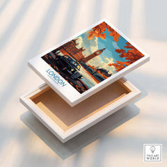 London Wall Art Print featuring Big Ben and a classic taxi in autumn colors.