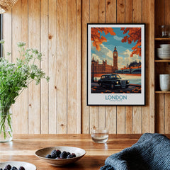 London Wall Art Print featuring Big Ben and a Hackney Carriage taxi in a cozy interior setting.