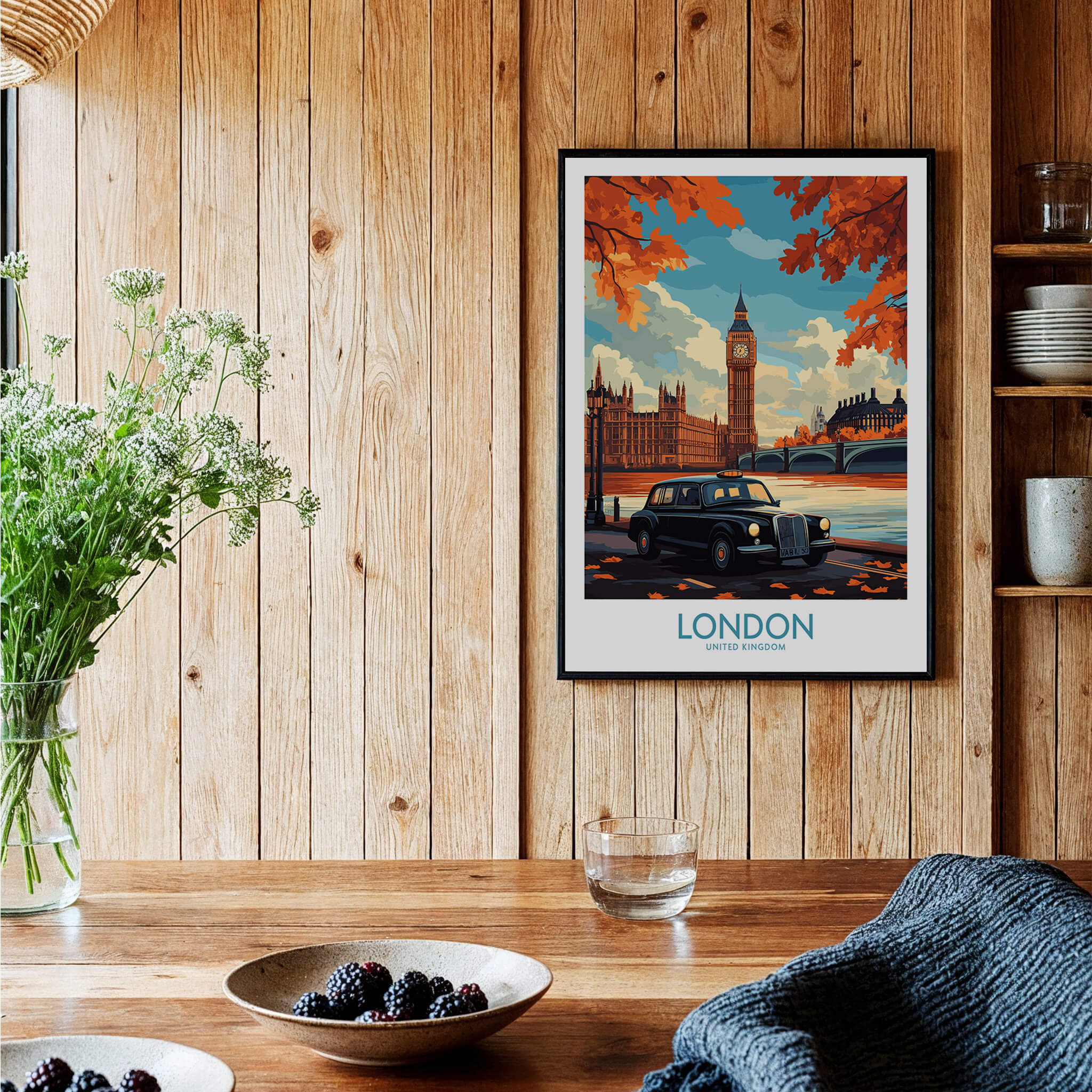 London Wall Art Print featuring Big Ben and a Hackney Carriage taxi in a cozy interior setting.
