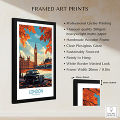 London Wall Art Print framed art featuring Big Ben and a Hackney Carriage with autumn leaves background.