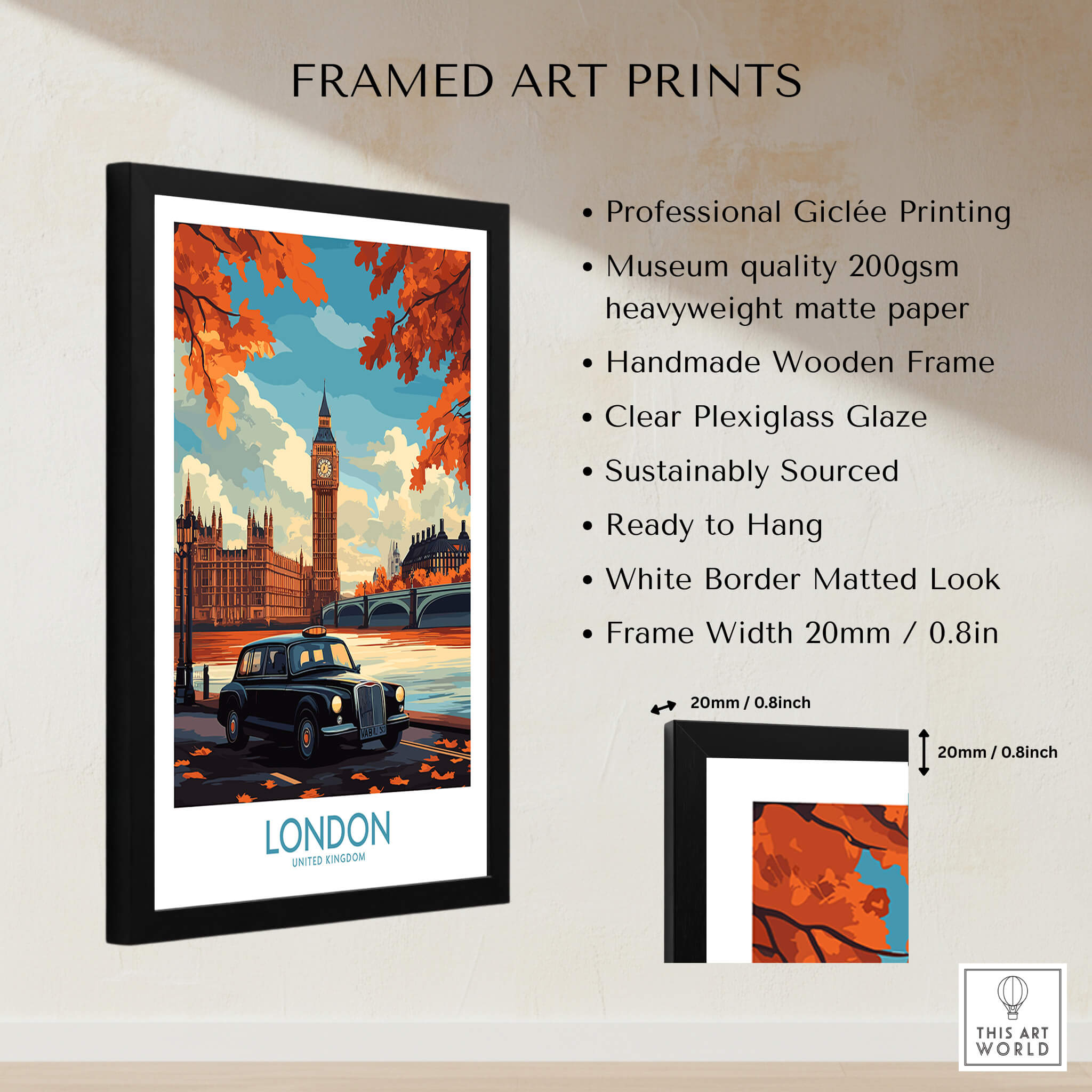 London Wall Art Print framed art featuring Big Ben and a Hackney Carriage with autumn leaves background.