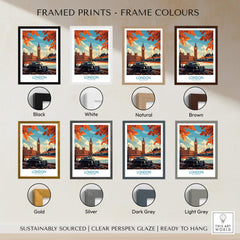 London Wall Art Print framed in various colors like black, white, brown, gold, and silver for a stylish home decor.