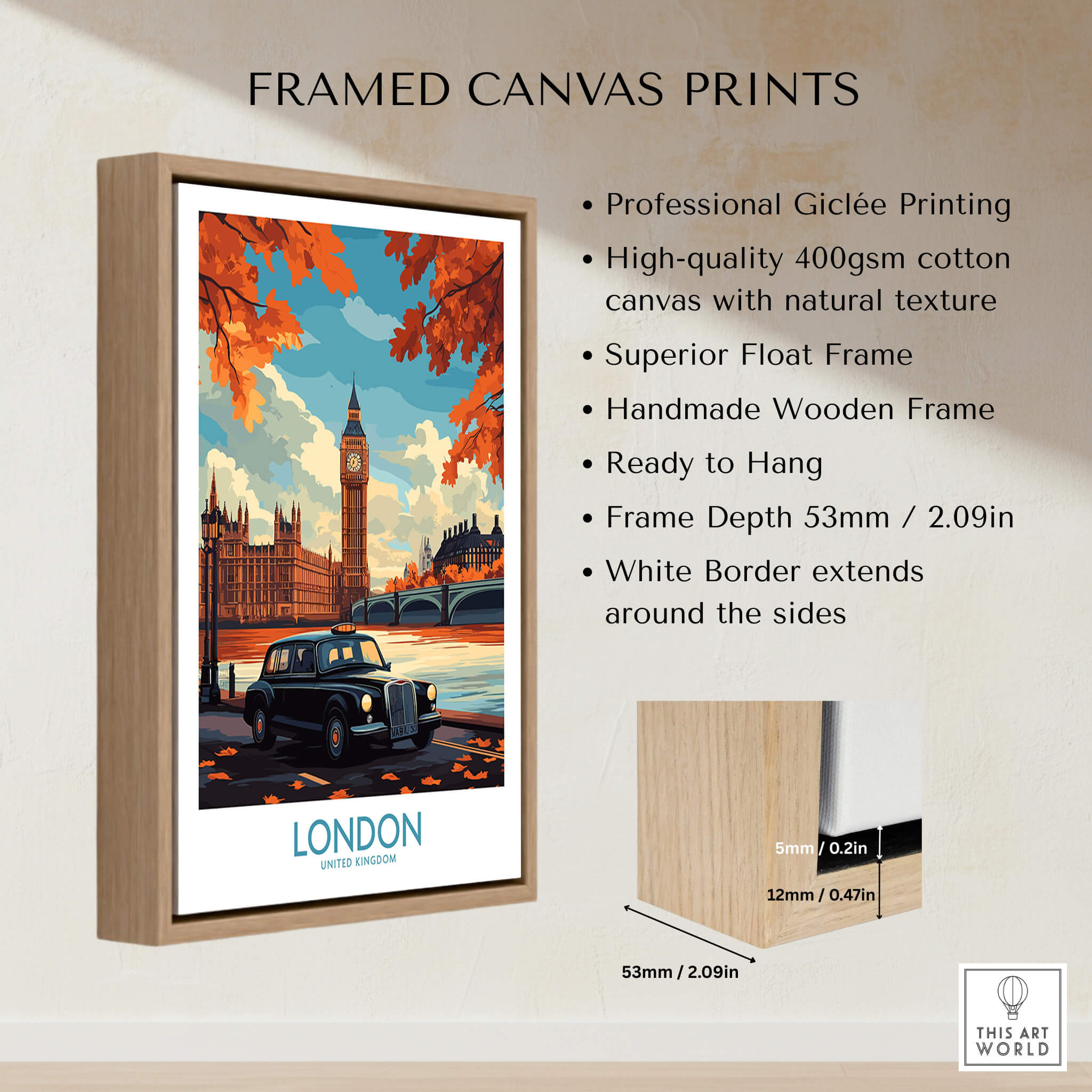 London Wall Art Print showcasing Big Ben and a classic taxi in a stylish frame.