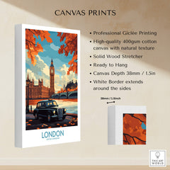 London Wall Art Print showcasing iconic landmarks like Big Ben and a classic Hackney Carriage taxi.
