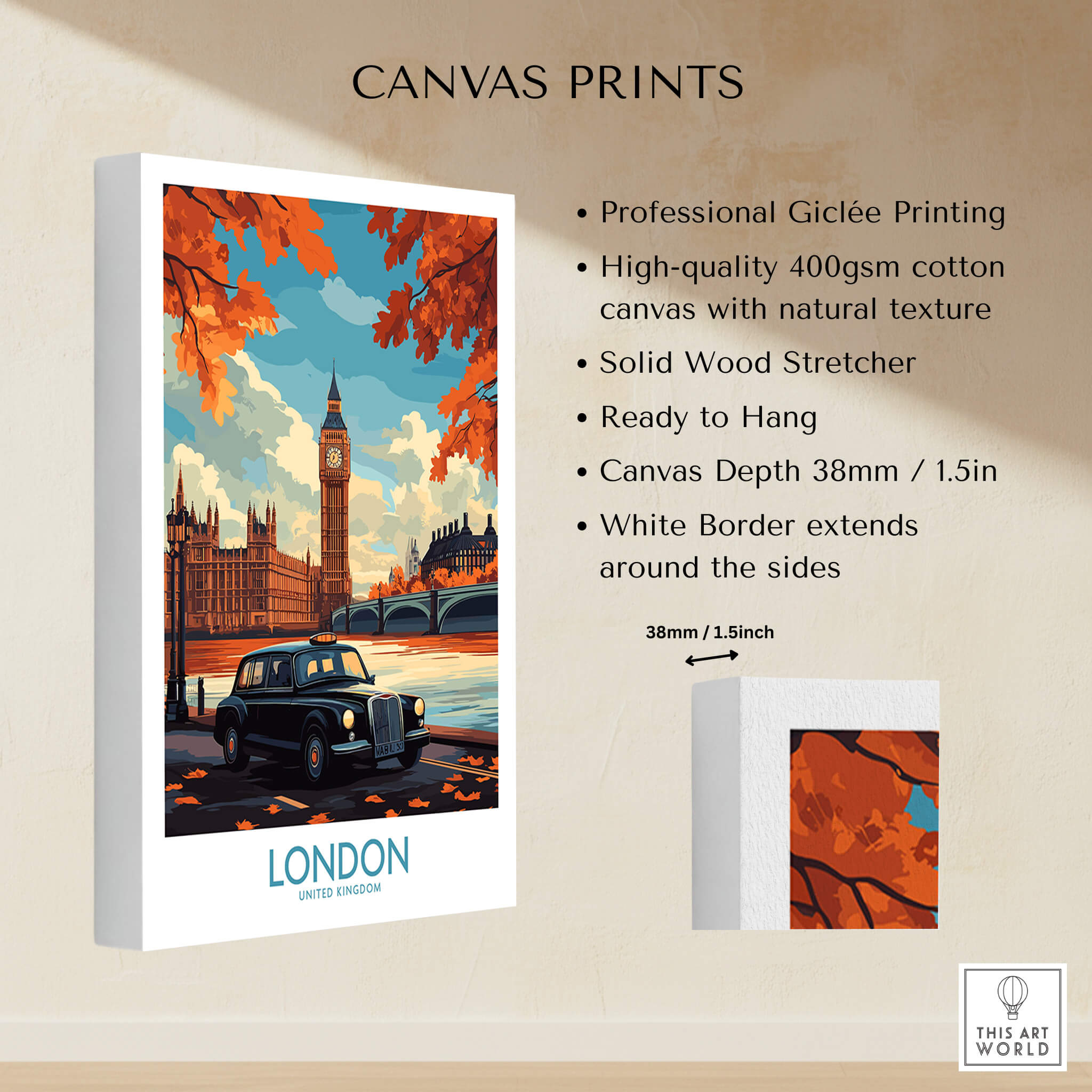 London Wall Art Print showcasing iconic landmarks like Big Ben and a classic Hackney Carriage taxi.
