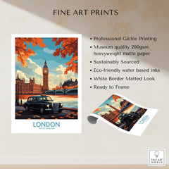 London Wall Art Print featuring Big Ben and a Hackney Carriage taxi in an artistic design.