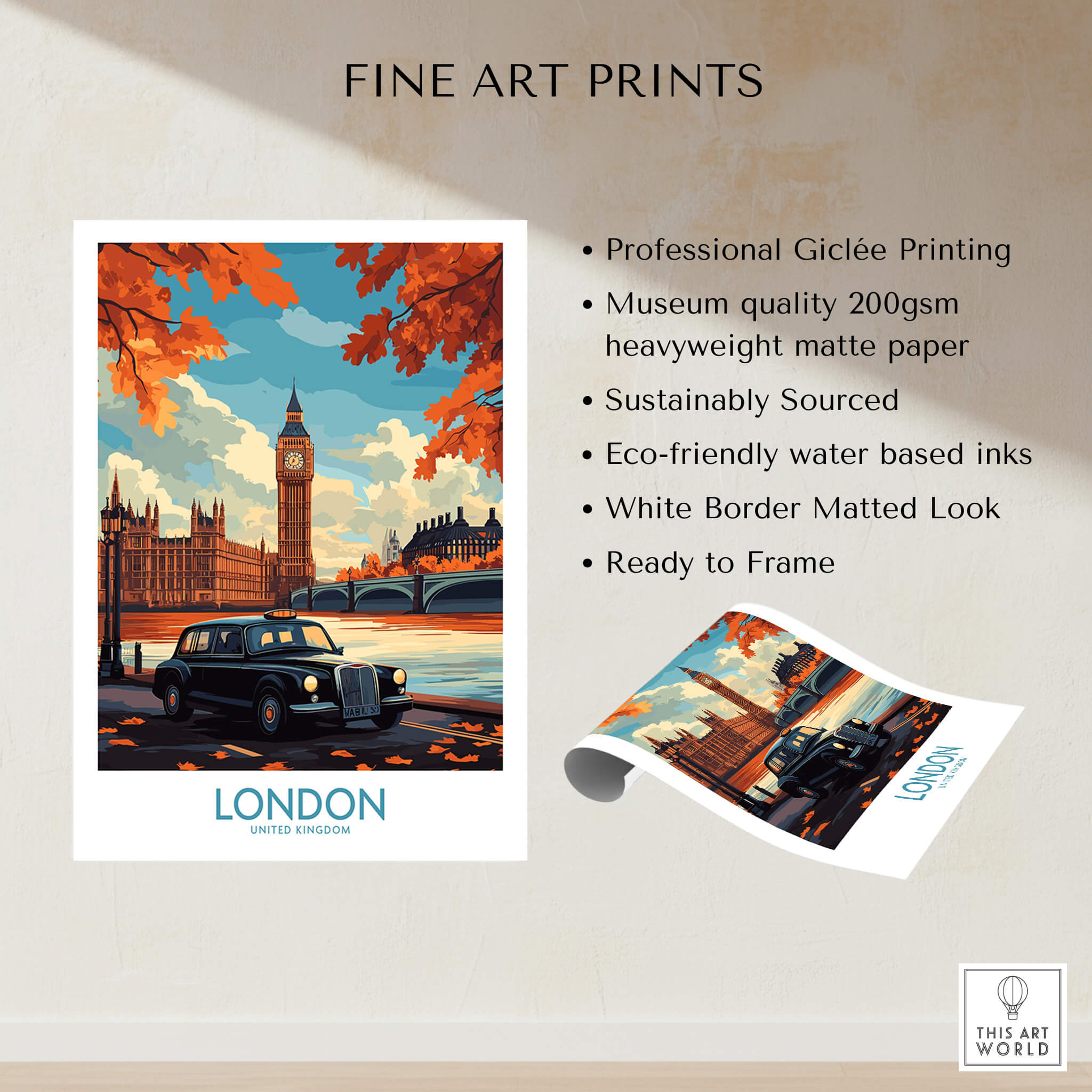 London Wall Art Print featuring Big Ben and a Hackney Carriage taxi in an artistic design.