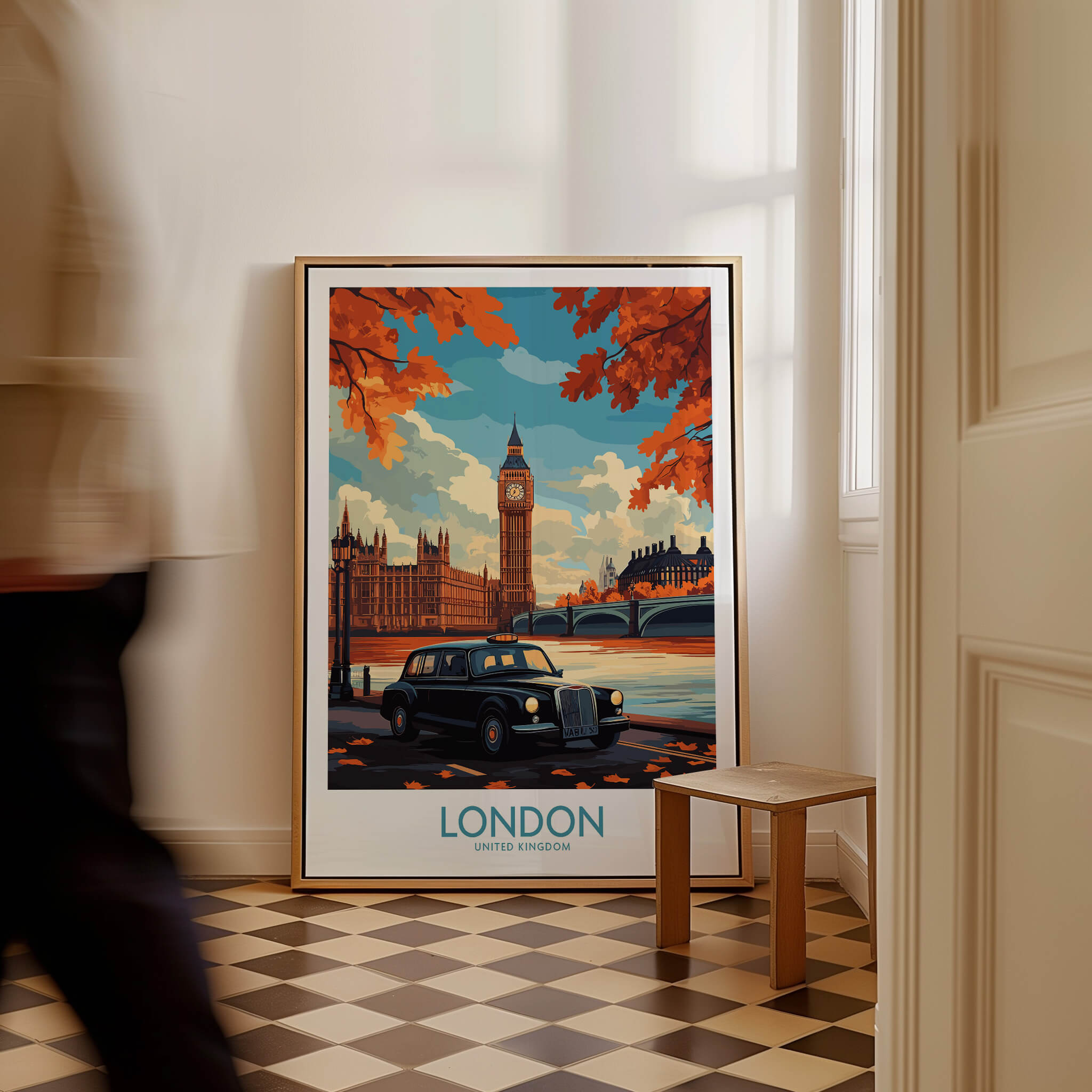 London Wall Art Print featuring Big Ben and a classic Hackney Carriage in a stylish interior setting.