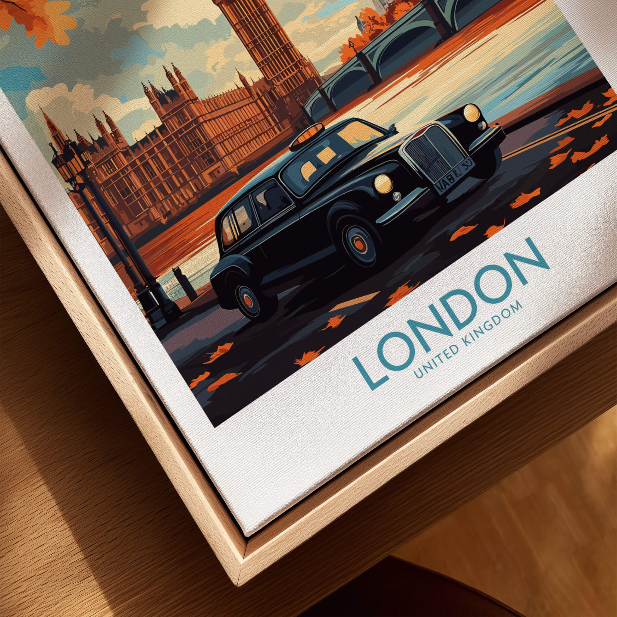 London Wall Art Print featuring iconic landmarks and a classic black taxi.