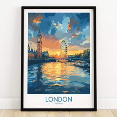London England Print | River Thames Wall Art Poster featuring Big Ben and the London Eye at sunset.