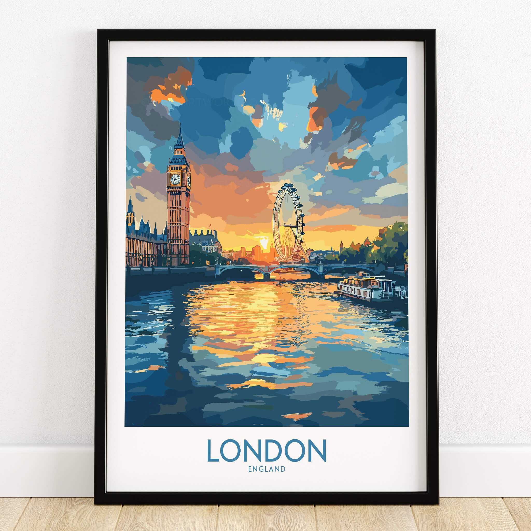 London England Print | River Thames Wall Art Poster featuring Big Ben and the London Eye at sunset.