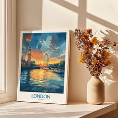 London England Print | River Thames Wall Art Poster showcasing the sunset over the River Thames with Big Ben and the London Eye.