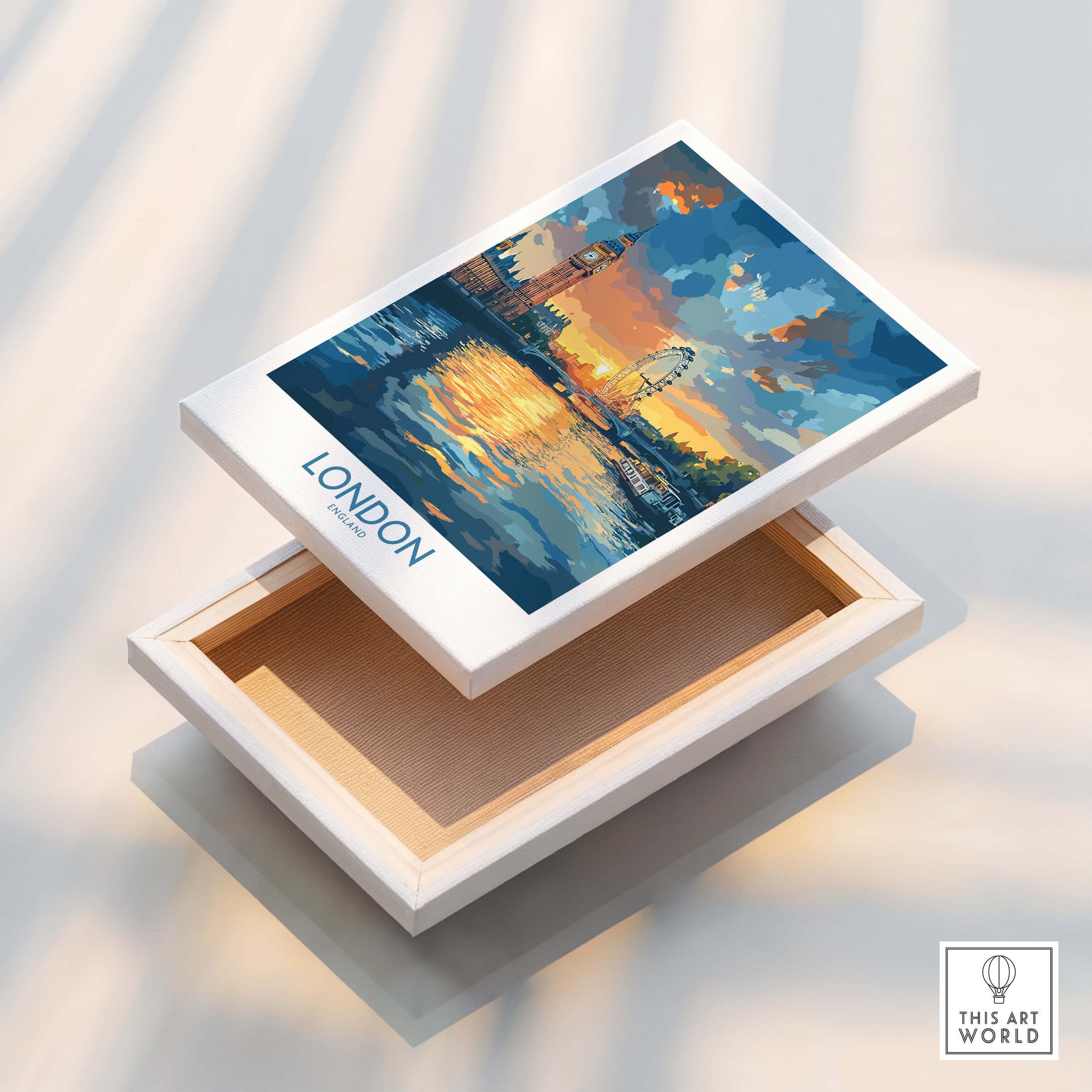 London England Print | River Thames Wall Art Poster showcasing a colorful depiction of the River Thames at sunset.