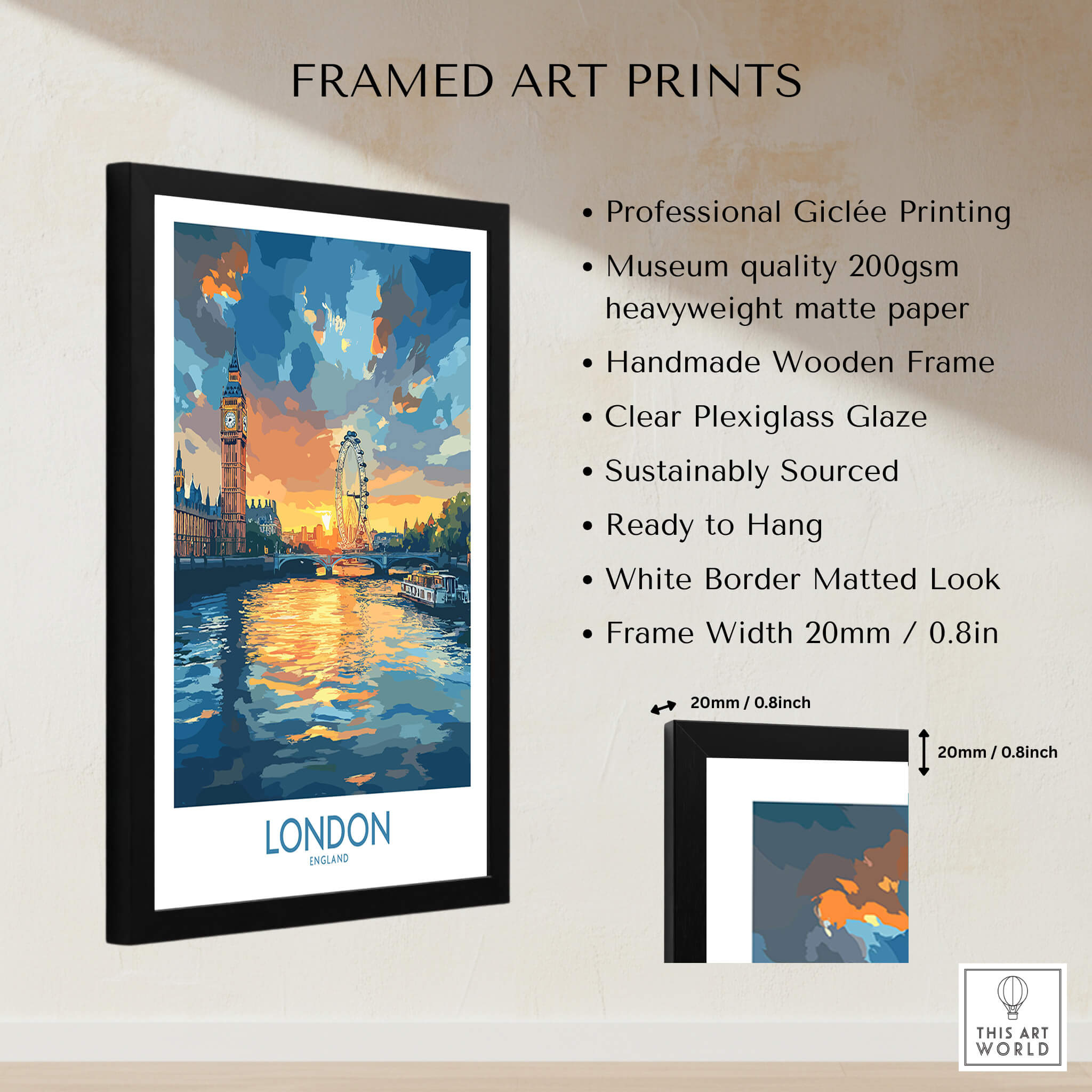 London England Print | River Thames Wall Art Poster featuring a framed print of the River Thames and London landmarks.