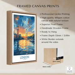 London England Print | River Thames Wall Art Poster featuring the iconic River Thames and landmarks in a framed canvas print.