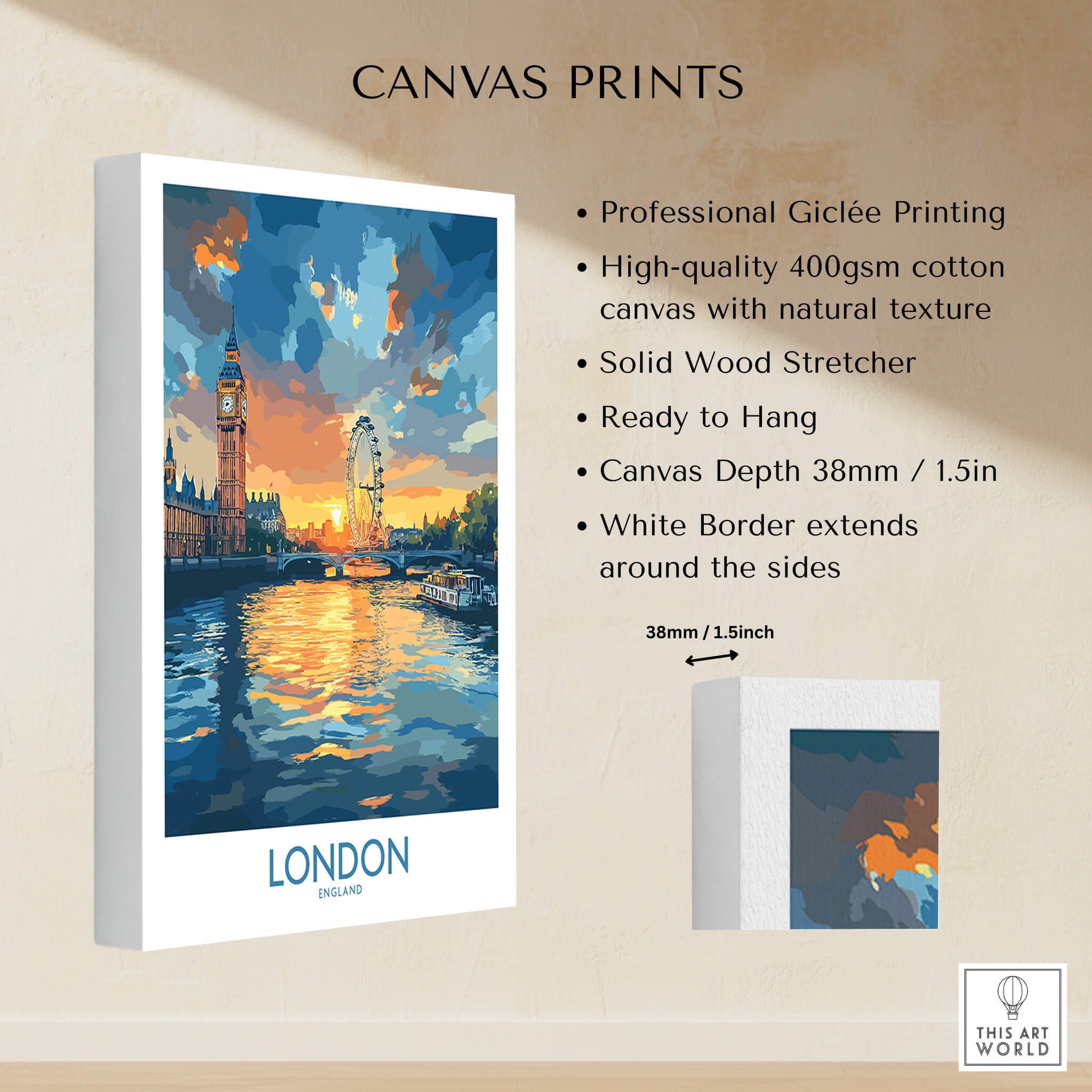 London England Print | River Thames Wall Art Poster featuring iconic landmarks and vibrant colors.