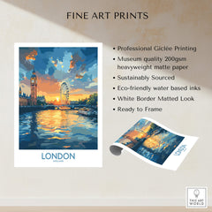 London England Print | River Thames Wall Art Poster showcasing iconic landmarks and vibrant sunset reflections.
