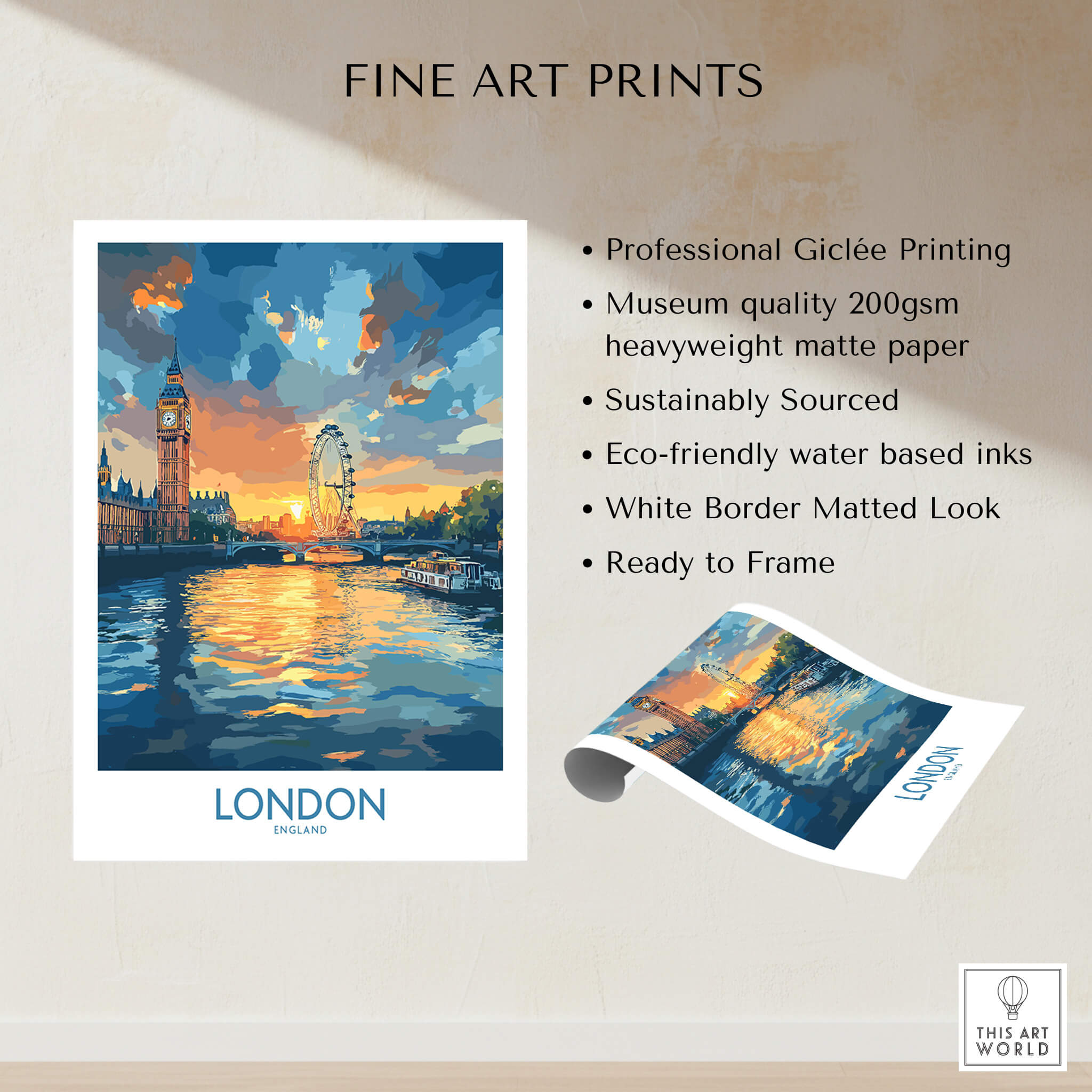 London England Print | River Thames Wall Art Poster showcasing iconic landmarks and vibrant sunset reflections.