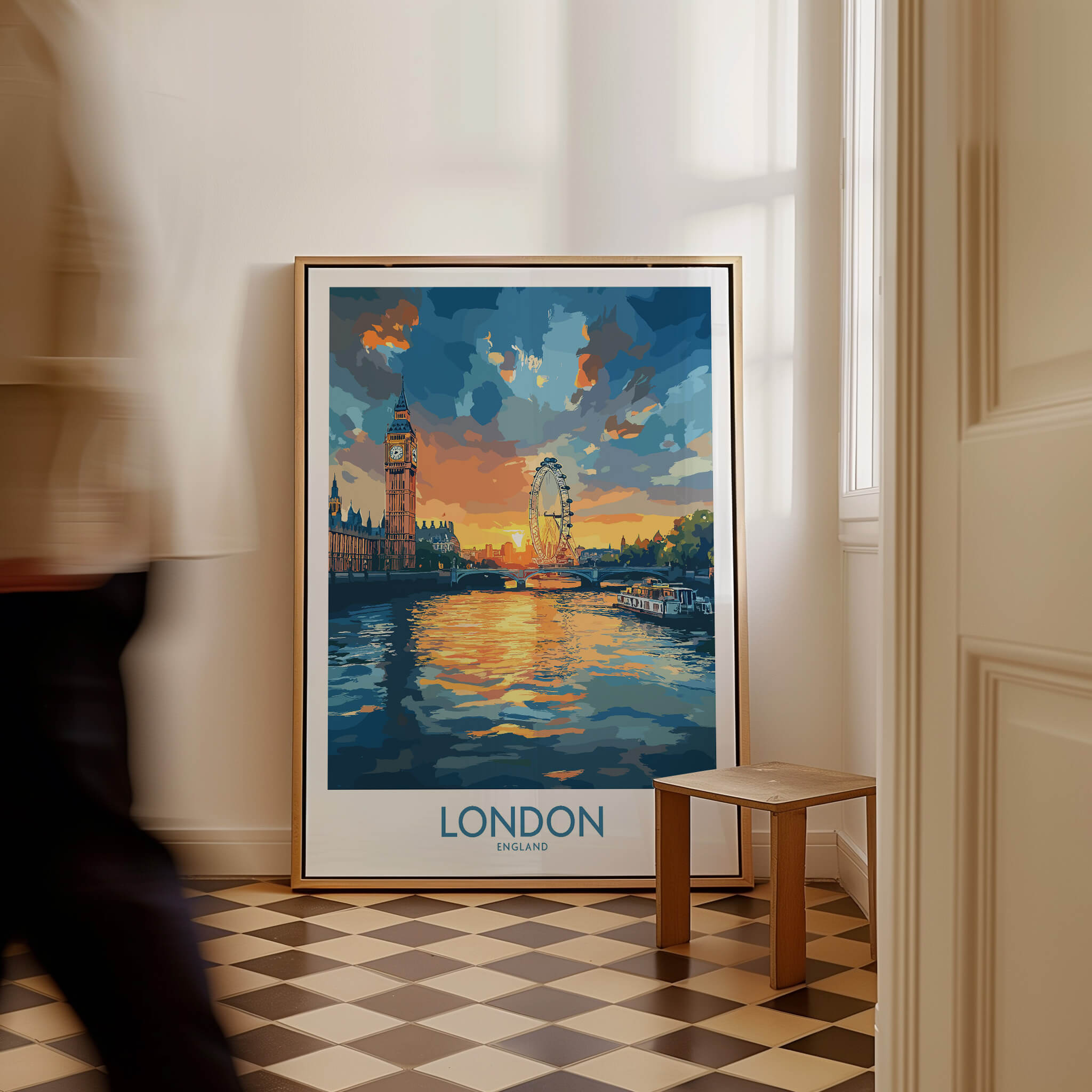 London England Print | River Thames Wall Art Poster featuring a vibrant sunset over the Thames with Big Ben and the London Eye.