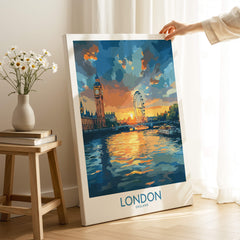 London England Print | River Thames Wall Art Poster featuring sunset reflections of the River Thames and city landmarks.