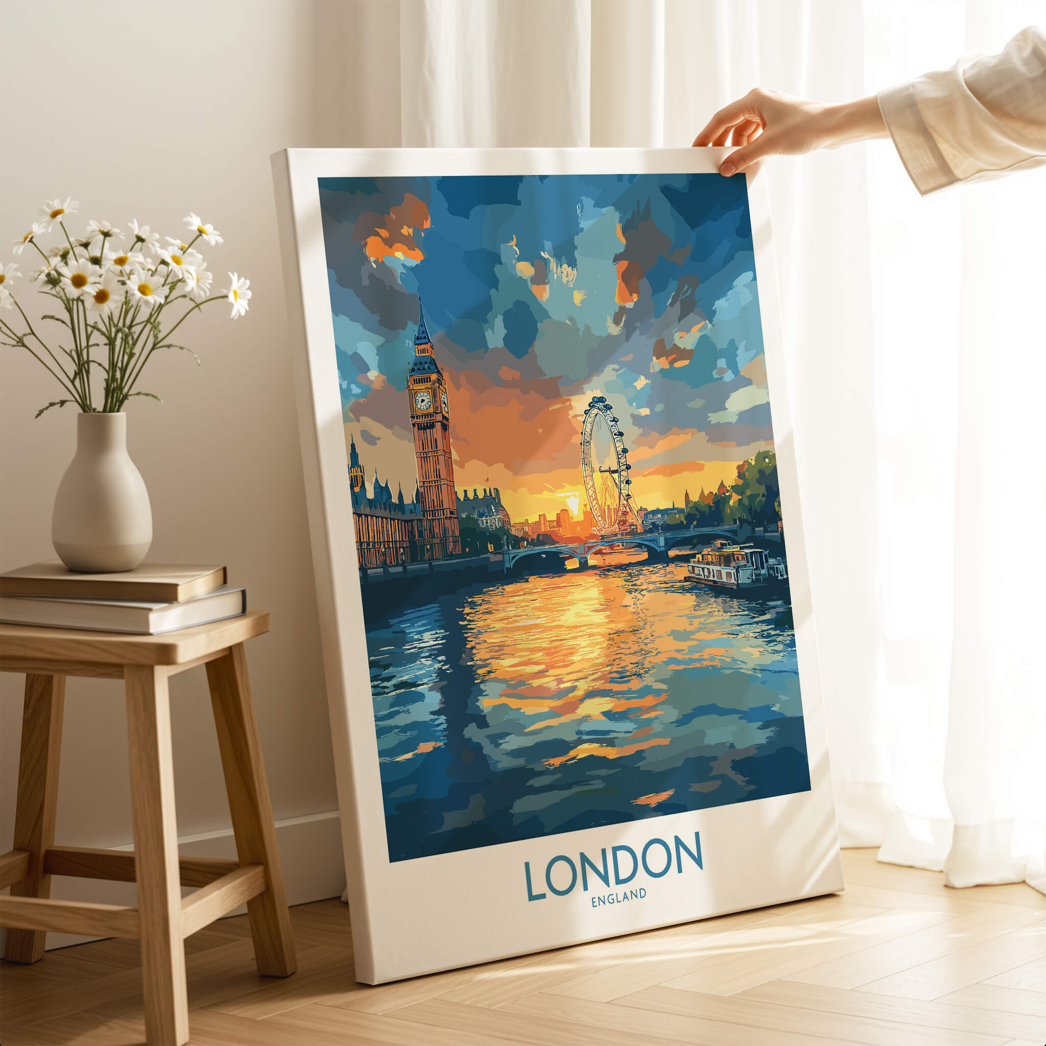 London England Print | River Thames Wall Art Poster featuring sunset reflections of the River Thames and city landmarks.