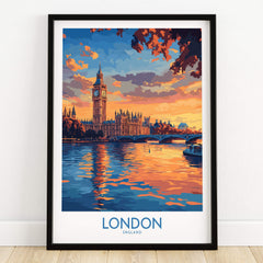 London Skyline Wall Art | Thames River & Parliament Print featuring Big Ben and River Thames reflection.