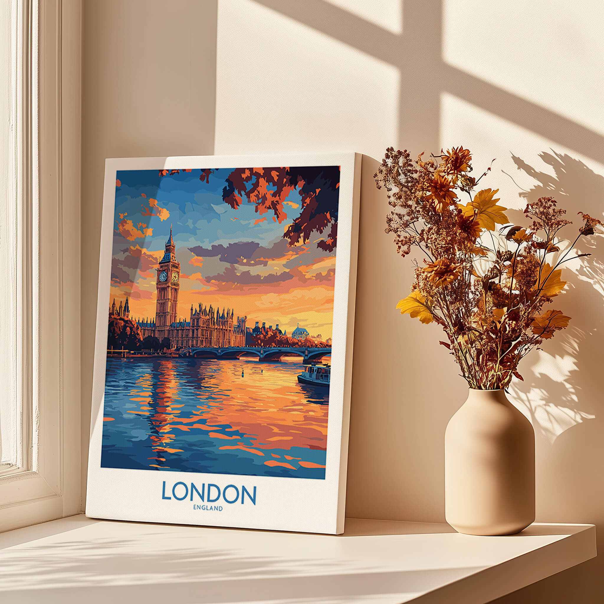 London Skyline Wall Art | Thames River & Parliament Print showcasing Big Ben and the River Thames.