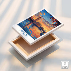 London Skyline Wall Art | Thames River & Parliament Print on a decorative box showcasing sunset colors.