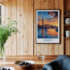 London Skyline Wall Art | Thames River & Parliament Print displayed in a cozy interior setting with natural decor.