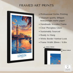 London Skyline Wall Art | Thames River & Parliament Print showcasing framed art with Big Ben and River Thames reflection.