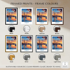 Framed prints color options for London skyline artwork, featuring black, white, natural, brown, gold, silver, dark grey, and light grey frames.