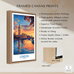 London Skyline Wall Art | Thames River & Parliament Print showcased in a framed canvas print.