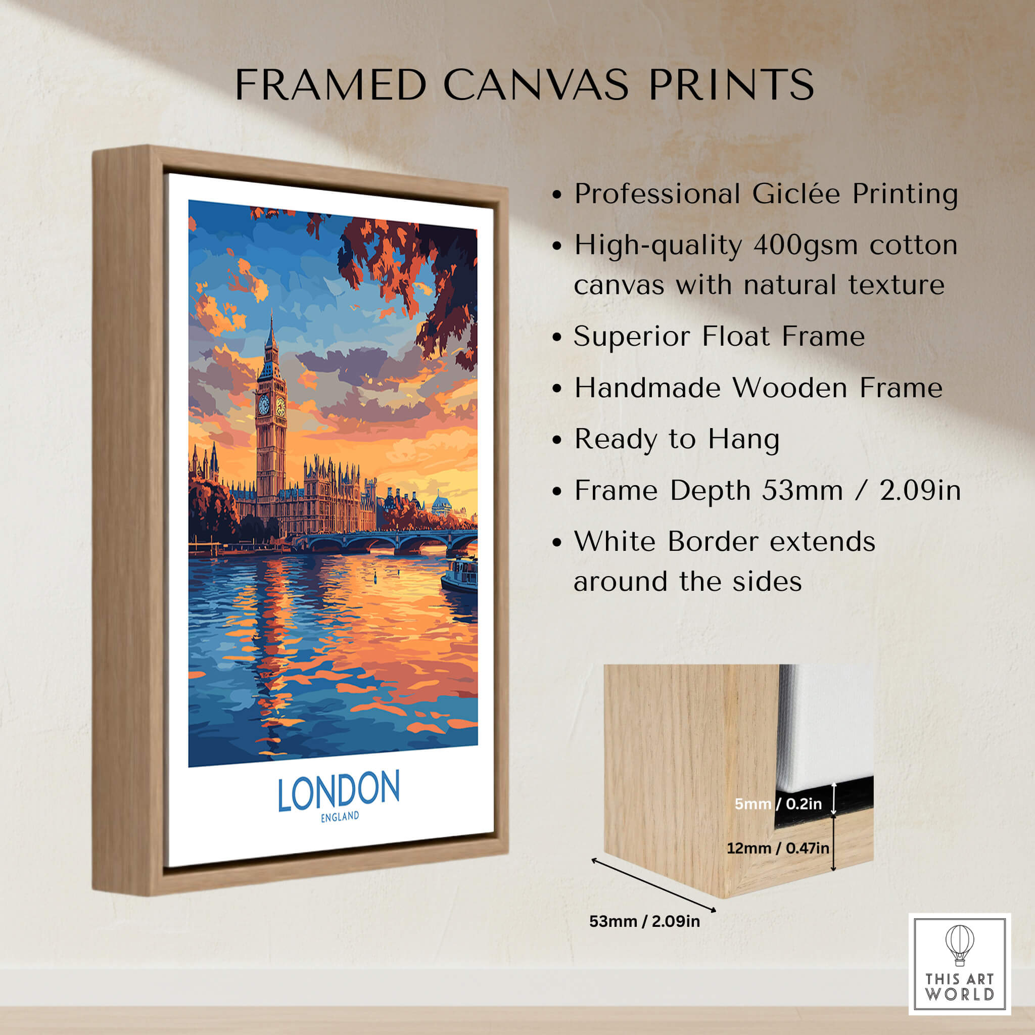 London Skyline Wall Art | Thames River & Parliament Print showcased in a framed canvas print.