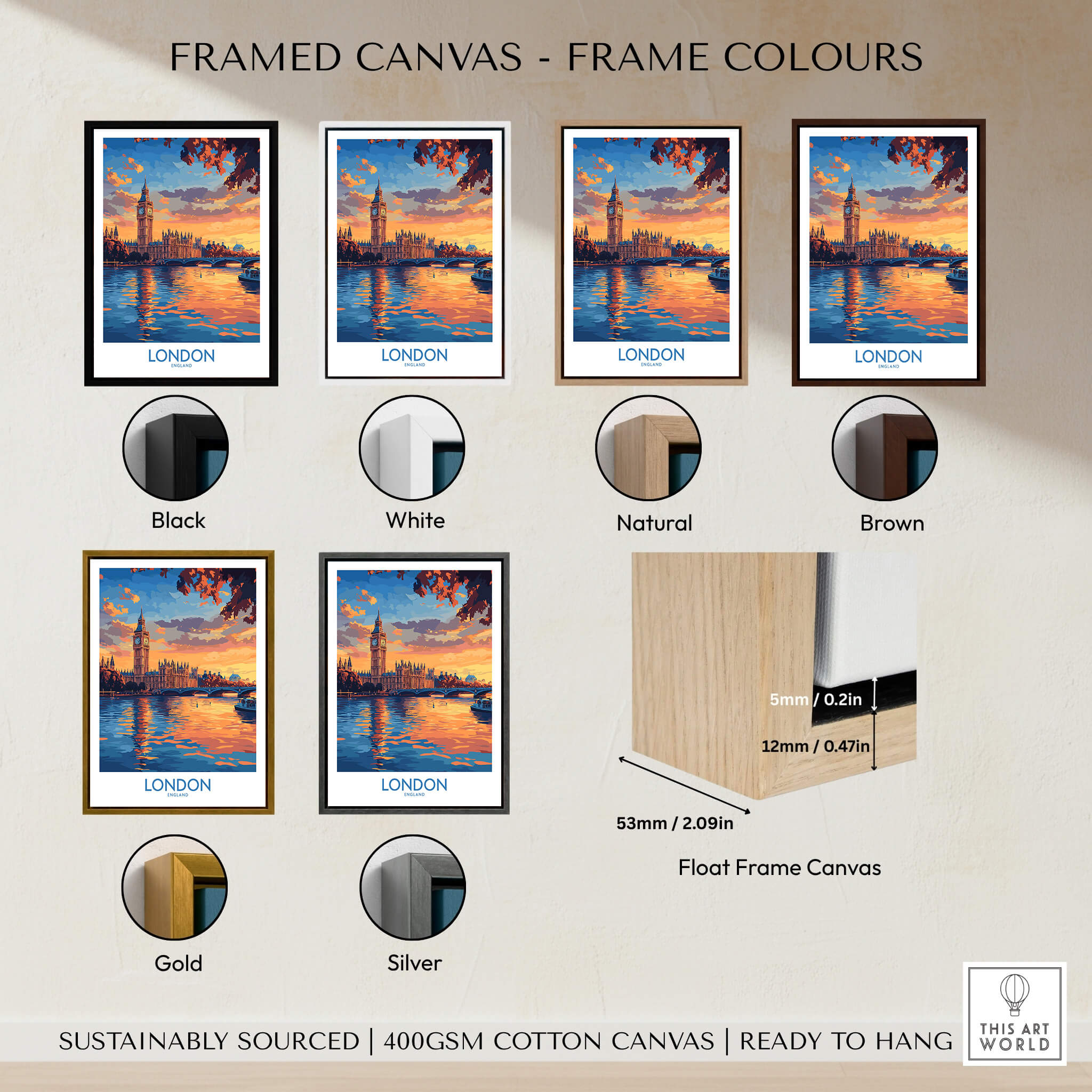 Framed canvas options for London skyline wall art in various colors, showcasing black, white, natural, brown, gold, and silver frames.