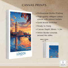 London Skyline Wall Art | Thames River & Parliament Print showcasing a beautifully printed canvas of Big Ben and River Thames.