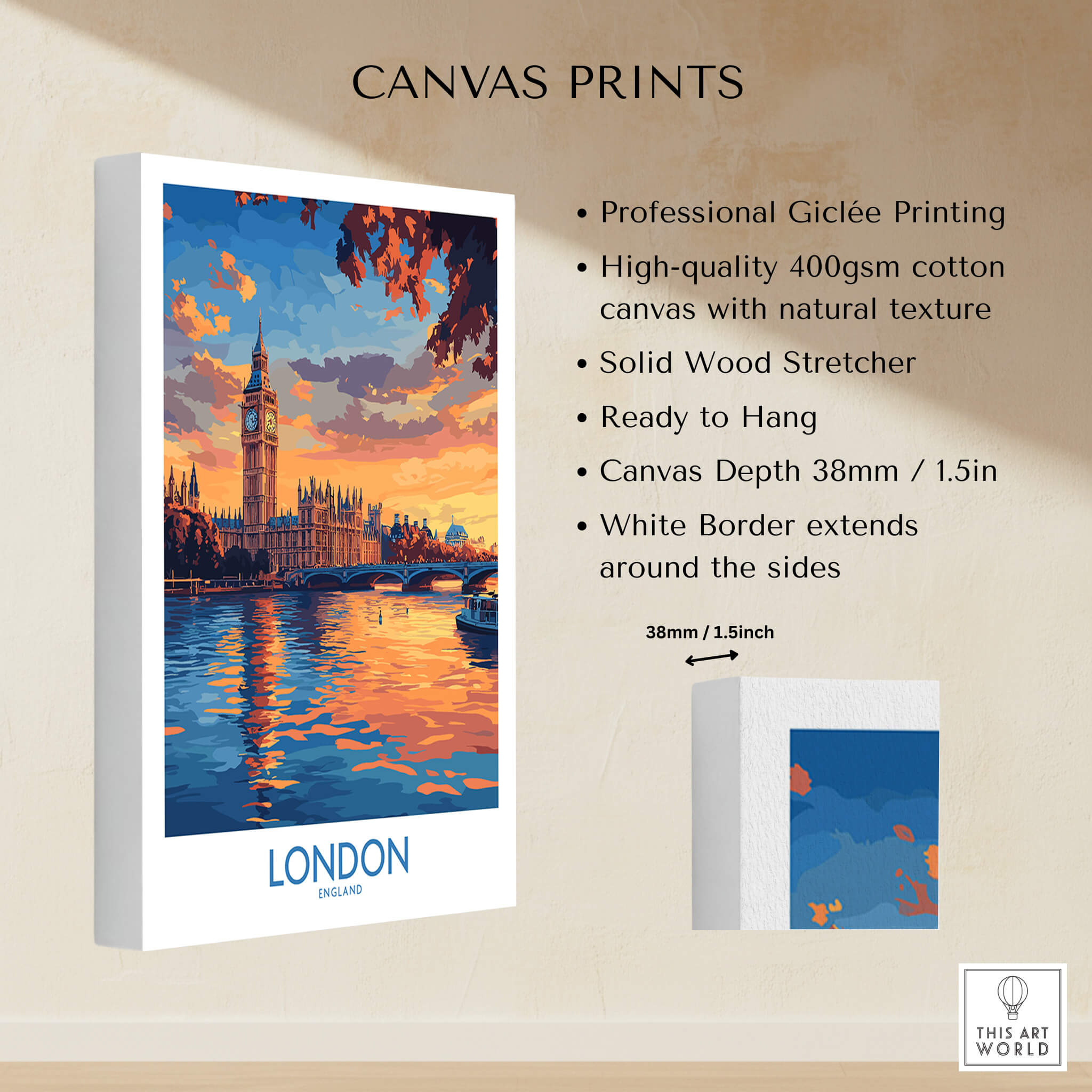 London Skyline Wall Art | Thames River & Parliament Print showcasing a beautifully printed canvas of Big Ben and River Thames.