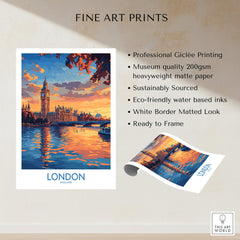 London Skyline Wall Art | Thames River & Parliament Print showcasing Big Ben and the River Thames at sunset.