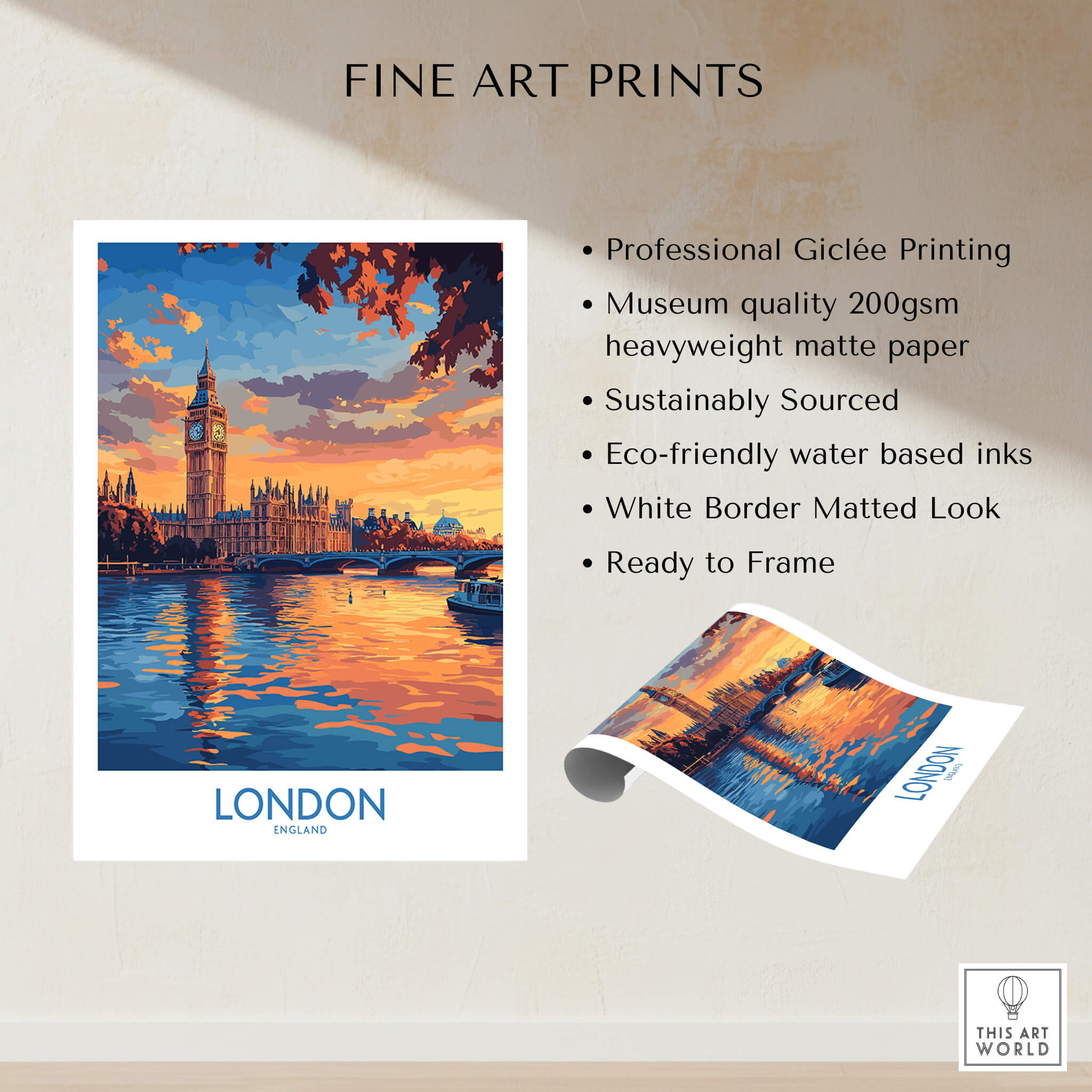 London Skyline Wall Art | Thames River & Parliament Print showcasing Big Ben and the River Thames at sunset.