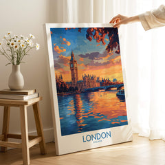 London Skyline Wall Art | Thames River & Parliament Print featuring Big Ben and the River Thames at sunset.
