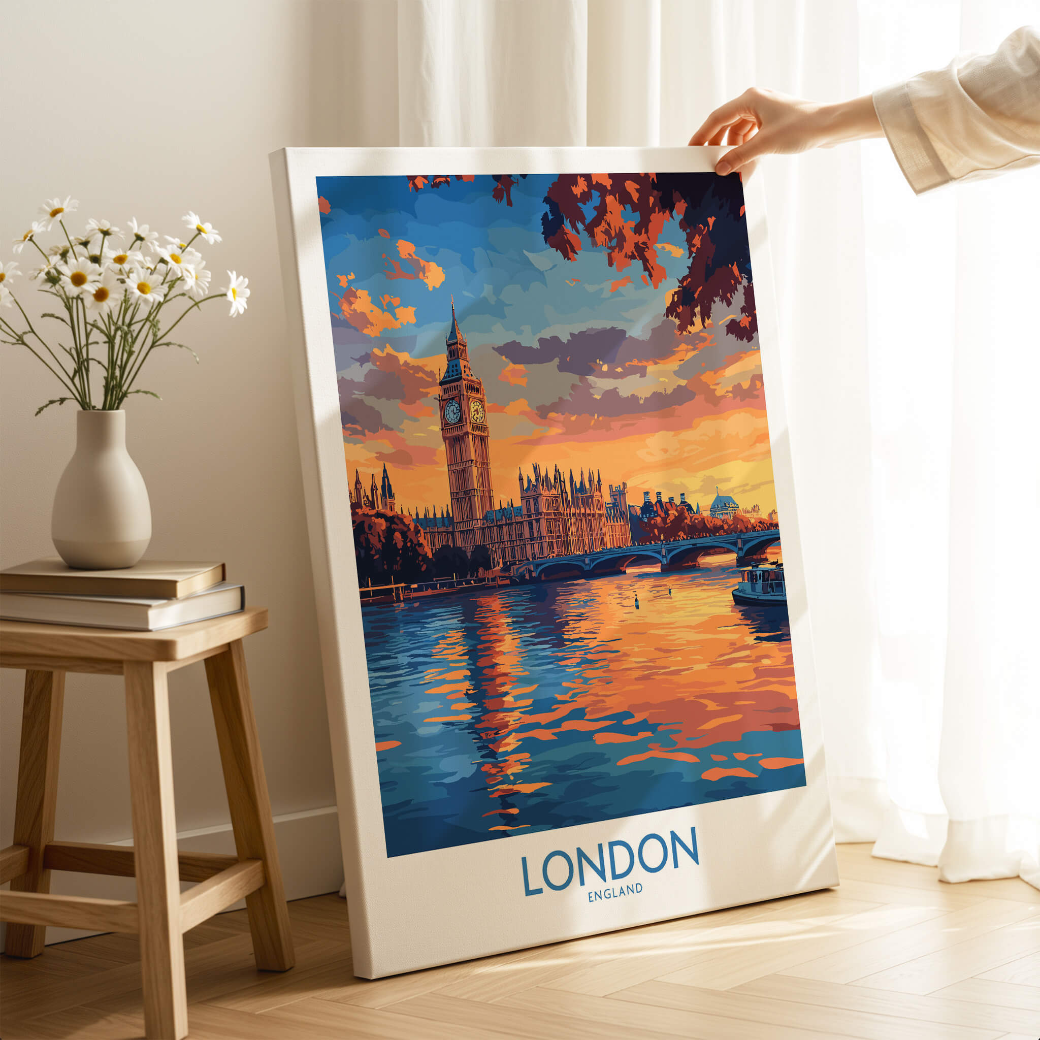 London Skyline Wall Art | Thames River & Parliament Print featuring Big Ben and the River Thames at sunset.