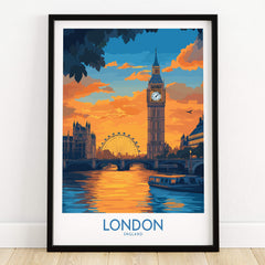 Thames River London Print | Skyline with Big Ben & London Eye, vibrant sunset illustration of London.
