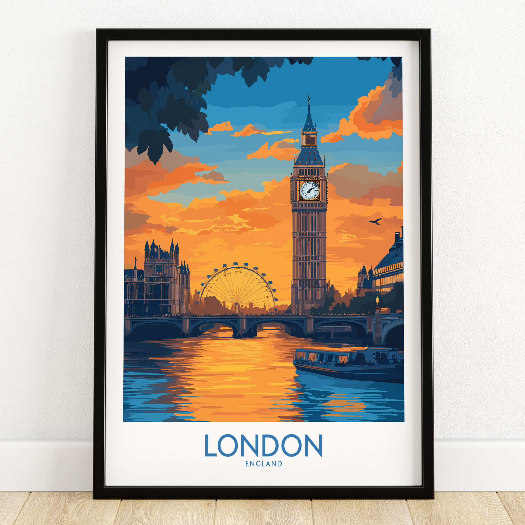 Thames River London Print | Skyline with Big Ben & London Eye, vibrant sunset illustration of London.