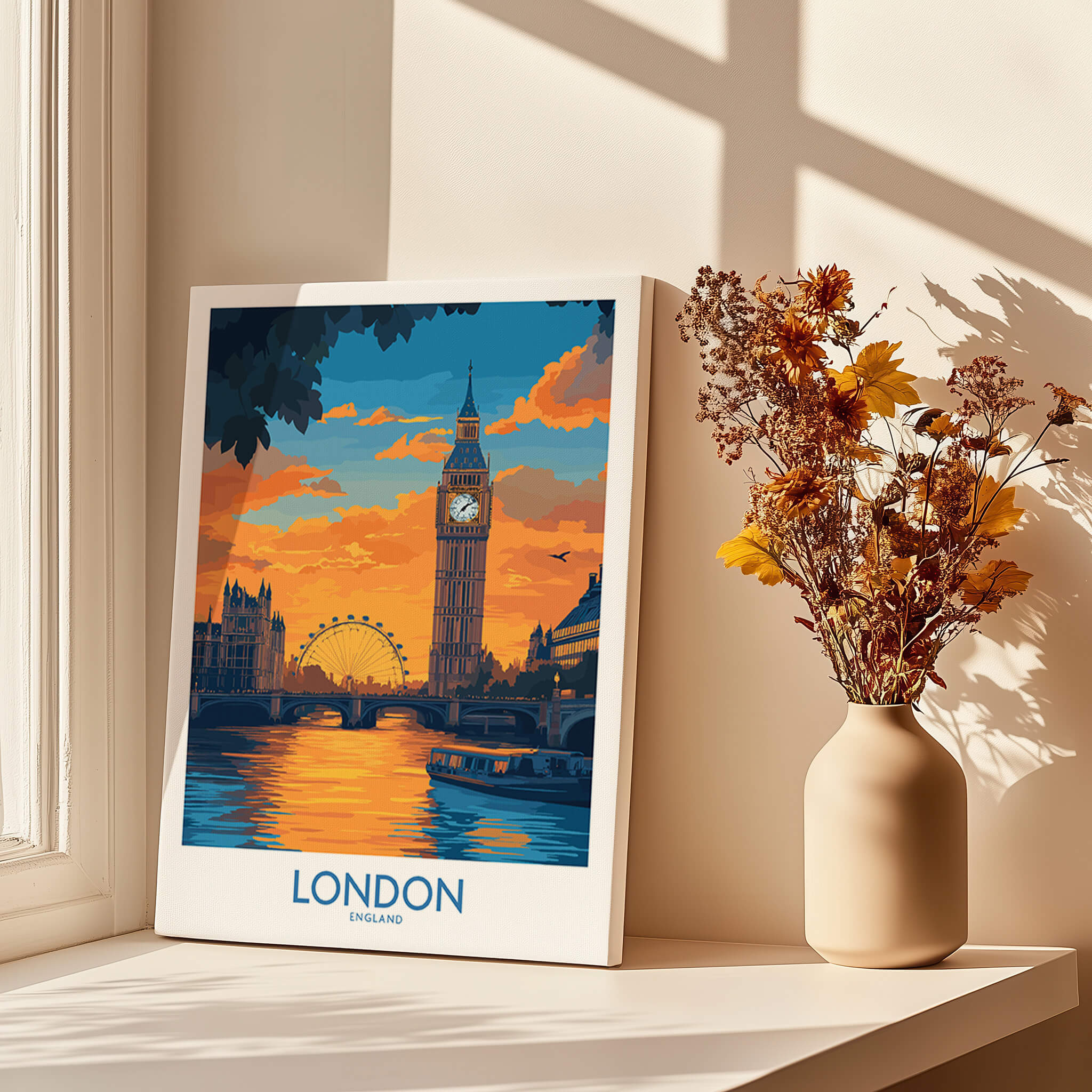 Thames River London Print | Skyline with Big Ben & London Eye featuring a sunset view.