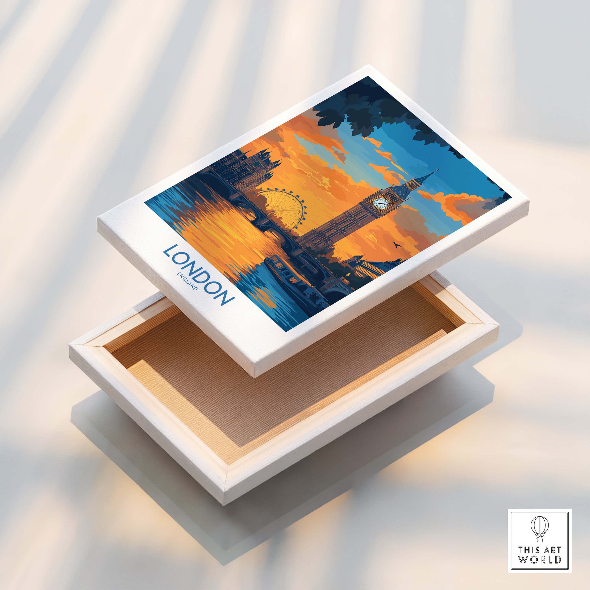 Thames River London Print | Skyline with Big Ben & London Eye art box display with sunset background.